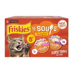 An 8 count box of Friskies Lil' Soups variety pack wet cat food complement with sockeye salmon and shrimp flavors.