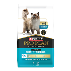 A 5 pound bag of Pro Plan AdvantEDGE 3 in 1 Digestive Support Salmon and Rice dry cat food.