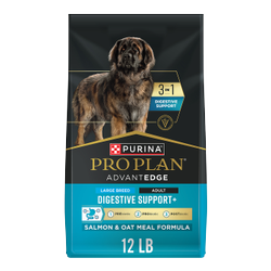 A 12 pound bag of Pro Plan AdvantEDGE 3 in 1 Digestive Support Large Breed Salmon and Rice dry dog food.
