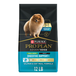 A 12 pound bag of Pro Plan AdvantEDGE 3 in 1 Digestive Support Salmon and Rice dry dog food.