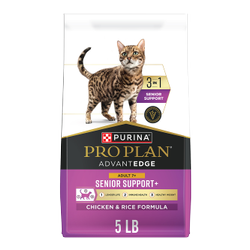 A 5 pound bag of Pro Plan AdvantEDGE 3 in 1 Senior Support Chicken and Rice dry cat food.