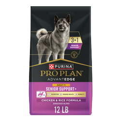 A 12 pound bag of Pro Plan AdvantEDGE 3 in 1 Senior Support Adult Chicken and Rice dry dog food.