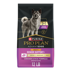 Una bolsa de 12 libras de Pro Plan AdvantEDGE Soporte Senior 3 en 1 para adultos de pollo y arroz alimento seco para perros