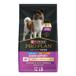 A 12 pound bag of Pro Plan AdvantEDGE 3 in 1 Senior Support Large Breed Chicken and Rice dry dog food.