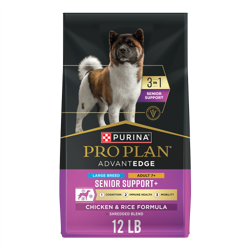 Una bolsa de 12 libras de Pro Plan AdvantEDGE Soporte Senior 3 en 1 para Razas Grandes de Pollo y Arroz alimento seco para perros