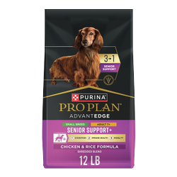 A 12 pound bag of Pro Plan AdvantEDGE 3 in 1 Senior Support Small Breed Chicken and Rice dry dog food.