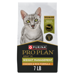 Una bolsa de 7 libras de Pro Plan Adult Weight Management Chicken and Rice Dry Cat Food.