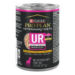 Una lata de 13.3 oz de alimento húmedo para perros con pollo Purina Pro Plan Veterinary Diets UR Urinary Ox/St Savory Selects Fórmula.