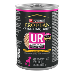 A 13.3 oz can of Purina Pro Plan Veterinary Diets UR Urinary Ox/St Savory Selects Formula Chicken wet dog food.