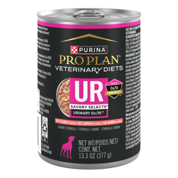 Una lata de 13.3 oz de alimento húmedo para perros con salmón Purina Pro Plan Veterinary Diets UR Urinary Ox/St Savory Selects Fórmula.