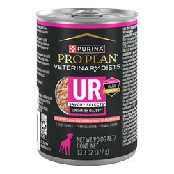 A 13.3 oz can of Purina Pro Plan Veterinary Diets UR Urinary Ox/St Savory Selects Formula Salmon wet dog food.
