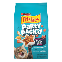 Purina Friskies Party Pack’d dry cat food, 3 lb bag, chicken, liver and turkey flavors with Party Mix Stars.