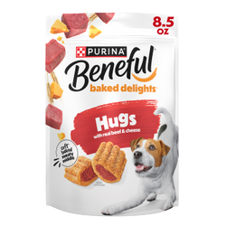 8.5 oz bag of Purina Beneful Baked Delights Hugs soft baked dog treats with real beef and cheese.