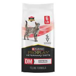 A bag of Purina Pro Plan Veterinary Diets DM Dietetic Management Feline Formula dry cat food.