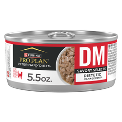 A 5.5 oz can of Pro Plan Veterinary Diets DM Dietetic Management Savory Selects wet cat food.