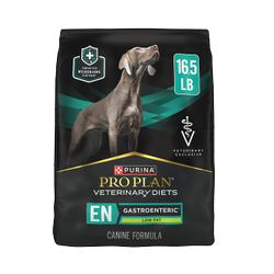 A bag of Purina Pro Plan Veterinary Diets EN Gastroenteric Low Fat dry dog food.