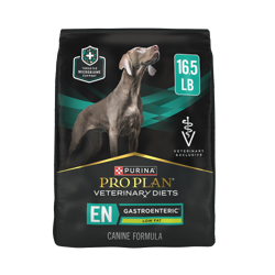 A bag of Purina Pro Plan Veterinary Diets EN Gastroenteric Low Fat dry dog food.
