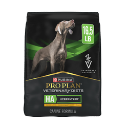 A 16.5 pound bag of Purina Pro Plan Veterinary Diets HA Hydrolyzed Chicken Formula dry dog food.