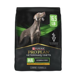 Una bolsa de 16.5 libras de alimento seco para perros Purina Pro Plan Veterinary Diets HA Fórmula de Pollo Hidrolizado.