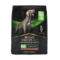 A 16.5 pound bag of Purina Pro Plan Veterinary Diets HA Hydrolyzed salmon flavor dry dog food.