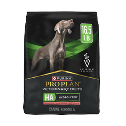 A 16.5 pound bag of Purina Pro Plan Veterinary Diets HA Hydrolyzed salmon flavor dry dog food.