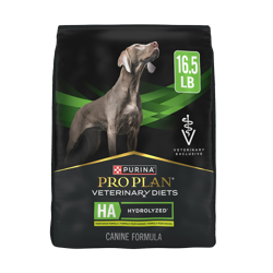 Una bolsa de 16.5 libras de alimento seco para perros Purina Pro Plan Veterinary Diets HA Fórmula Vegetariana Hidrolizada.