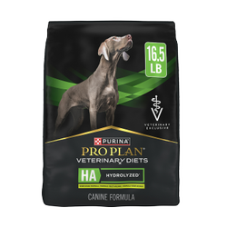 A 16.5 pound bag of Purina Pro Plan Veterinary Diets HA Hydrolyzed Vegetarian Formula dry dog food.