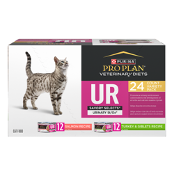 A 24 Pack of Pro Plan Veterinary Diets UR Savory Selects Urinary St/OX Turkey and Salmon wet cat food.