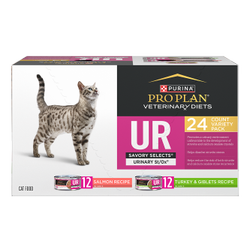 A 24 Pack of Pro Plan Veterinary Diets UR Savory Selects Urinary St/OX Turkey and Salmon wet cat food.