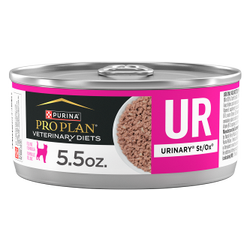 A 5.5 oz can of Pro Plan Veterinary Diets UR Urinary St/Ox Feline Formula wet cat food.