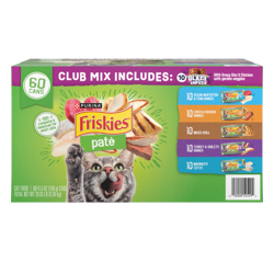 Un paquete variado de 60 latas de comida húmeda para gatos Friskies pate que contiene 10 latas de 6 recetas diferentes hechas con una variedad de carnes.
