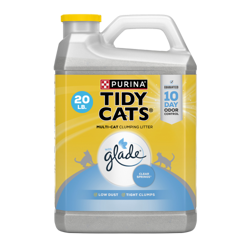 Un envase de 20 libras de arena para gatos aglomerante Tidy Cats para múltiples gatos con fragancia Glade Clear Springs.