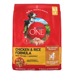 Purina ONE chicken and rice formula dry dog food package.