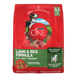Empaque del alimento seco para perros Purina ONE fórmula de cordero y arroz.