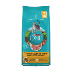 Empaque de alimento seco para gatos Purina ONE Tender Selects Blend con Pollo Real.