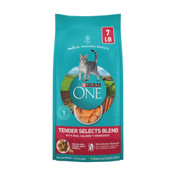 Empaque del alimento seco para gatos Purina ONE Tender Selects Blend con salmón real.
