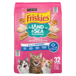Friskies Land & Sea Adventures dry cat food, Chicken & Ocean Fish flavor, 32 lb bag with 4-in-1 support benefits for multi-cat homes.