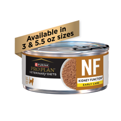 A can of Pro Plan Veterinary Diets NF Kidney Function Early Care wet cat food, available in 3oz and 5.5 oz.