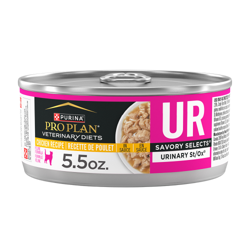 A 5.5 ounce can of Purina Pro Plan Veterinary Diets UR Savory Selects Urinary St Ox chicken wet cat food.