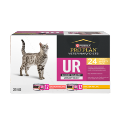 A 24 count variety pack of Purina Pro Plan Veterinary Diets UR Savory Selects Urinary St Ox salmon and chicken wet cat food.