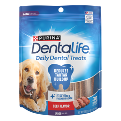 A 33.9 ounce bag of Purina DentaLife Daily Oral Care beef large dental dog treats containing 30 treats.