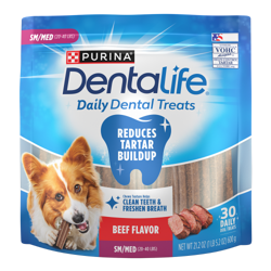 A 21.2 ounce bag of Purina DentaLife Daily Oral Care small to medium beef dental dog treats containing 30 treats.