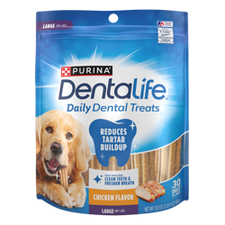 A 33.9 ounce bag of Purina DentaLife Daily Oral Care chicken large dental dog treats containing 30 treats.