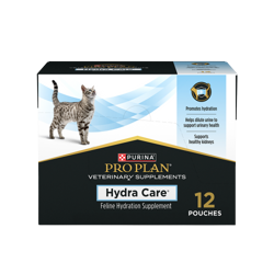A 12 pouch case of Pro Plan Veterinary Supplements Hydra Care feline hydration supplement.