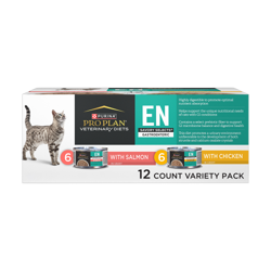 Un paquete variado de alimento húmedo para gatos Purina Pro Plan Veterinary Diets EN Gastroenteric Selecciones Sabrosas con salmón y pollo.