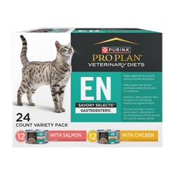A variety pack of Purina Pro Plan Veterinary Diets EN Savory Selects Gastroenteric salmon and chicken wet cat food.