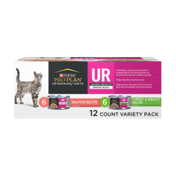 A variety pack of Purina Pro Plan Veterinary Diets UR Savory Selects Urinary St Ox salmon and turkey wet cat food.