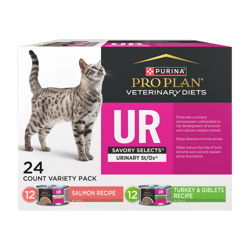 A variety pack of Purina Pro Plan Veterinary Diets UR Savory Selects Urinary St Ox salmon and turkey wet cat food.