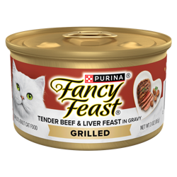 Can of Fancy Feast Grilled Tender Beef & Liver Feast In Gravy Gourmet Wet Cat Food.