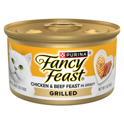 Can of Fancy Feast Grilled Chicken & Beef Feast In Gravy Gourmet Wet Cat Food.